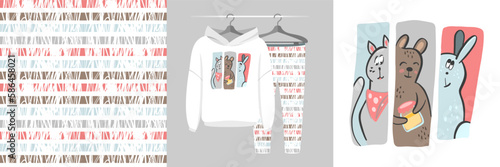 Seamless pattern and illustration set with three animals - a cat, a bear and a hare, pastel colors. Cute design pajamas on a hanger. Baby clipart for tee prints, baby shower decor, fabric