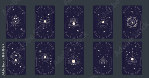 Tarot card set with mystic eye pyramid in frame isolated. Boho esoteric tarot card with eye and star. Vector illustration. Sacred geometry celestial triangle