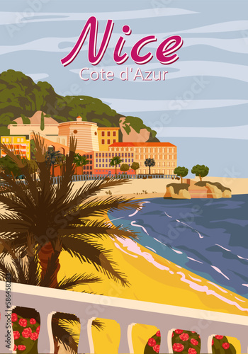 Nice French Riviera coast poster vintage. Resort, coast, sea, palms, beach. Retro style illustration vector