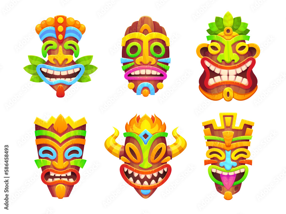 Tiki mask african totem tribal cartoon icon vector set. Hawaiian wood statue on white background. Isolated mexican warrior symbol collection for tropical summer party or ritual. Maya face illustration