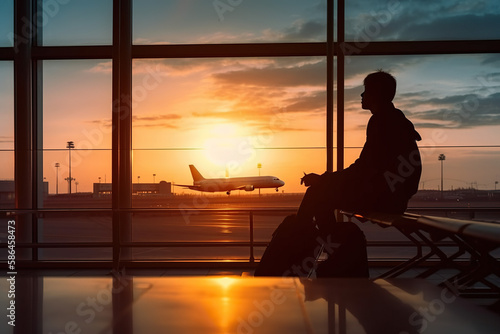 Traveler person Waiting for a Flight at the Airport at sunset AI Generative © Mr. Bolota