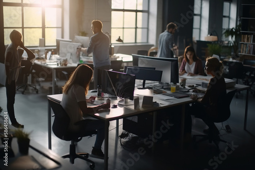 Modern Office. High angle shot of employees typing on laptops in a sleek and contemporary office space. Productivity and innovation concept. AI Generative