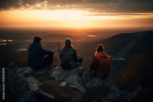 Mountain Sunset. Friends enjoying a breathtaking sunset view from the top of a mountain. Adventure and friendship concept. AI Generative
