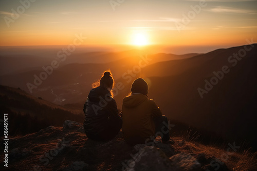 Mountain Sunset. Friends enjoying a breathtaking sunset view from the top of a mountain. Adventure and friendship concept. AI Generative