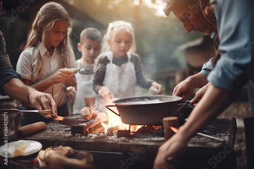 Family Campfire moments. Family cooking together over an open flame in the great outdoors during camping vacation. Bonding time concept. AI Generative
