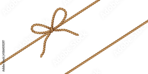 String bow isolated on white background. Vector cord, jute or twine rope knot. Parcel, package, box gift wrap element decor
