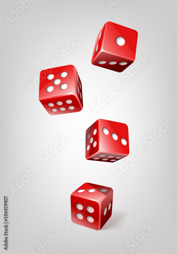 3d realistic vector icon illustration. Red poker dice cubes falling.