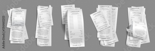 Pile of 3d vector payment bill. Isolated realistic paper pos receipt mockup. Cash check or invoice from supermarket. Print ticket set from retail shop on transparent background. Account atm balance photo