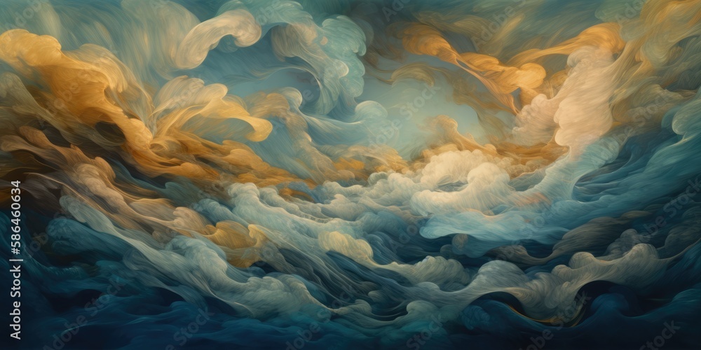 Dreamlike ocean wavy clouds with turbulent folds and swirls of ethereal turquoise blue and yellow colors, soft soothing fantasy cloudscape background - generative AI