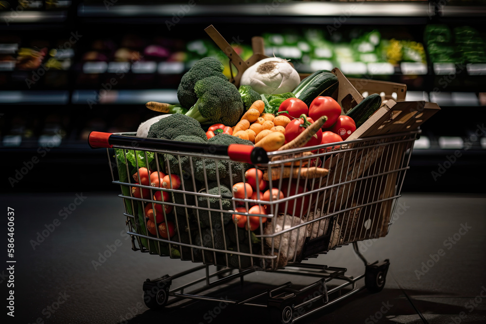 Shopping cart in supermarket full of vegetables, generative Ai