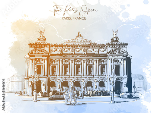 The Paris Opera building. Line drawing isolated on watercolour textured grunge background. Postcard or Travel blog illustration. EPS 10 vector illustration.
