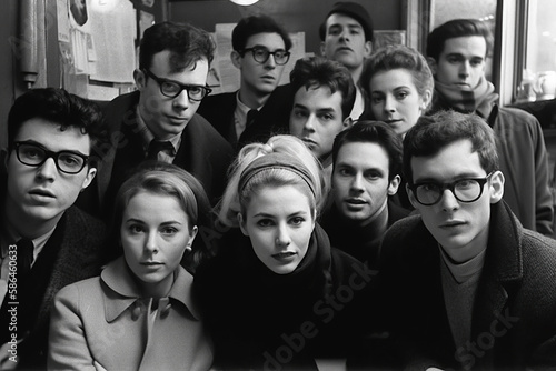 Literary Bohemians. 1957 Group Photo of Beatnik Poets Gathered Together. Countercultural Voices AI Generative.