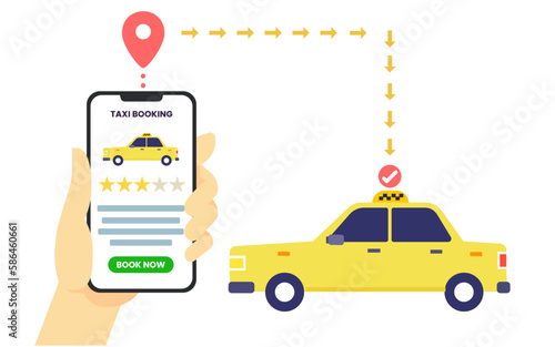 ordering taxing using taxi mobile app, booking cab concept illustration