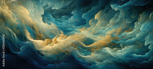 Dreamlike ocean wavy clouds with turbulent folds and swirls of ethereal turquoise blue and yellow colors, soft soothing fantasy cloudscape background - generative AI