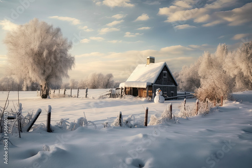 Snowy countryside day scene with wooden cottage and snowman at front, generative Ai