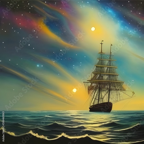 Ilustracja przedstawiająca nocny morski krajobraz, porzucony wrak żaglowca, gwieździste niebo, pofalowane morze. Wygenerowane przy użyciu AI.