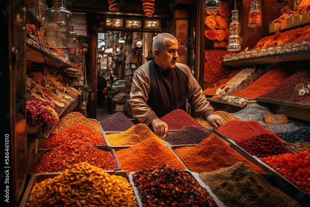 Obraz premium Spice Bazaar. Vibrant market in Istanbul, Turkey where a vendor sells colorful spices. Cultural experience concept. AI Generative