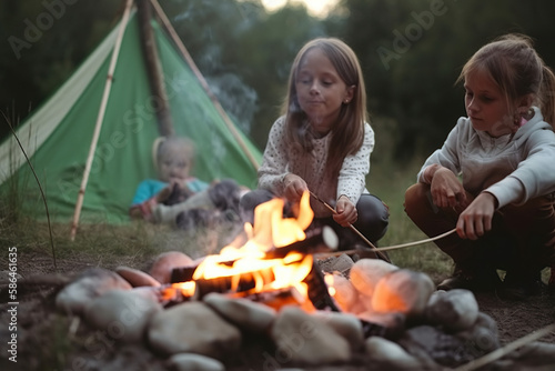 Summer Campfire. Little children roasting marshmallows on a bonfire during a fun summer camp. Outdoor activity concept. AI Generative