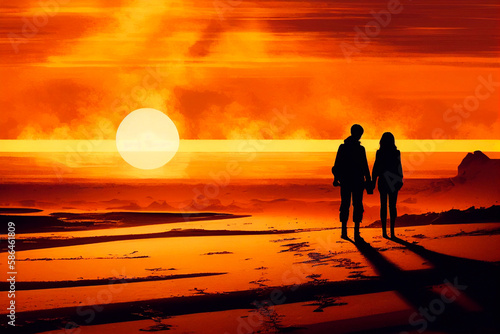 Loving couple embracing and looking moon on the beach in sunset sky background illustration. Love, happy valentine's day, honeymoon and wedding concept Generative AI