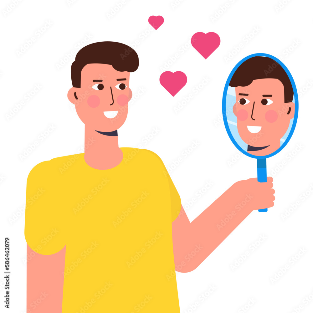 A man standing in front of a mirror, gazing at his own reflection, embodies the idea of self-love.The concept of egotism is mirrored in this vector illustration