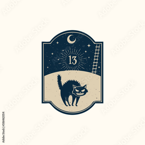 Superstitious signs with Black Cat and Ladders, Moon, Stars and Number 13
