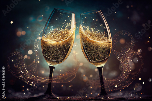 Transparent realistic two glasses of champagne and confetti, for dark background, isolated. Generative AI