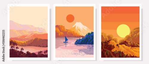 Set of landscape view vector background illustration. Panorama mountains range, lake, river, beach silhouettes template.