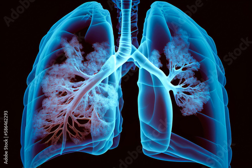 Hologram lung. Pain in the lungs from polygons, triangles, dots and lines. Lung is a low poly compound structure. The technology concept. Generative AI photo