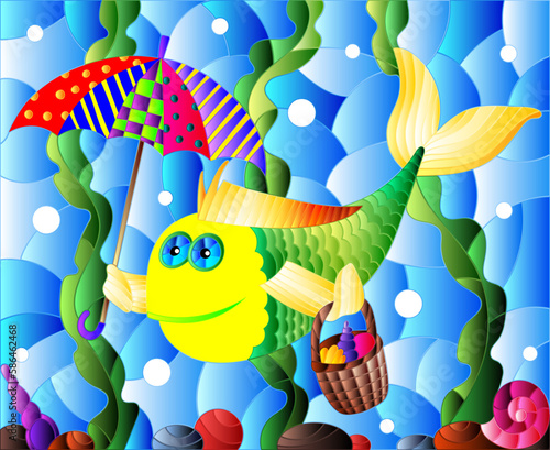 Illustration in stained glass style with cartoon funny fish under an umbrella on the background of the seabed and algae