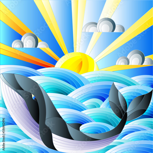 Illustration in stained glass style whale into the waves, Sunny sky and clouds