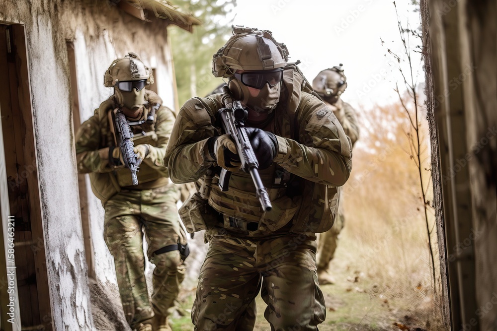 Fototapeta premium Military SWAT securing perimeter in conflict. Photo generative AI