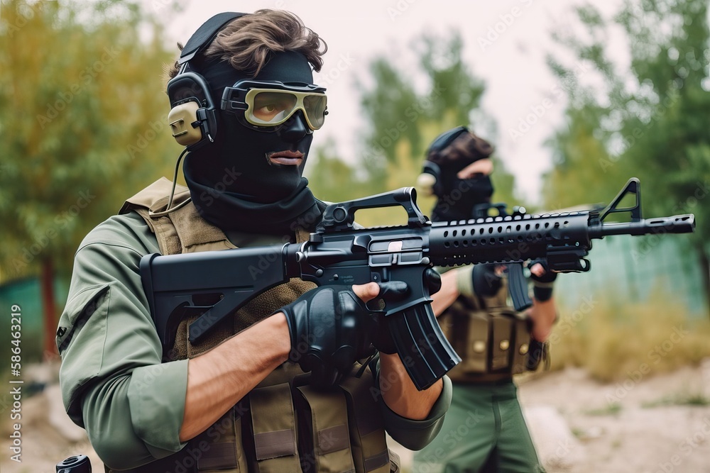 Fototapeta premium Airsoft: Portrait of Rebels. Photo generative AI