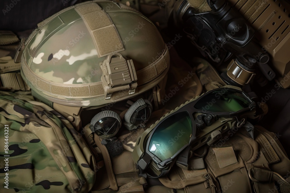 Special Forces Gear: FAST Helmet, NVGs, Plate Carrier Vest. Photo generative AI Special Forces Gear: FAST Helmet, NVGs, Plate Carrier Vest. Photo generative AI
