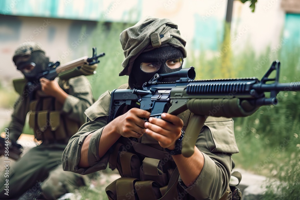 Airsoft Battles: Riots in Middle East, Teamwork & Strategy. Photo generative AI