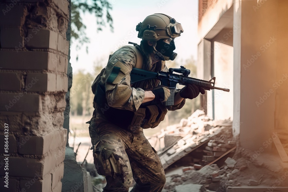 Fototapeta premium Soldier in War Zone: Pro Escapes Building. Photo generative AI