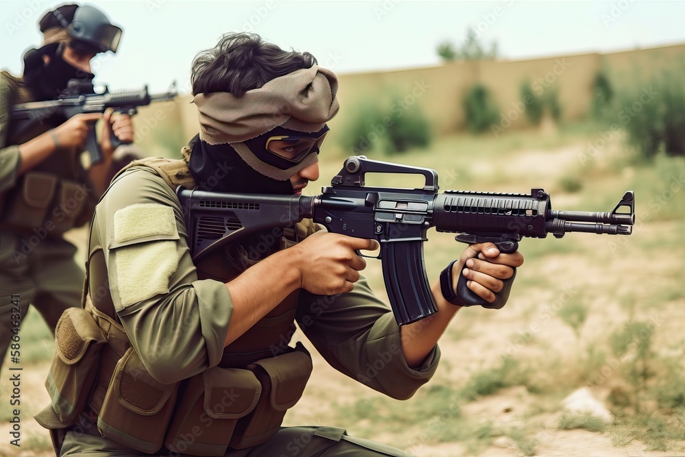 Airsoft Battles: Riots in Middle East, Teamwork & Strategy. Photo generative AI Airsoft Battles: Riots in Middle East, Teamwork & Strategy. Photo generative AI
