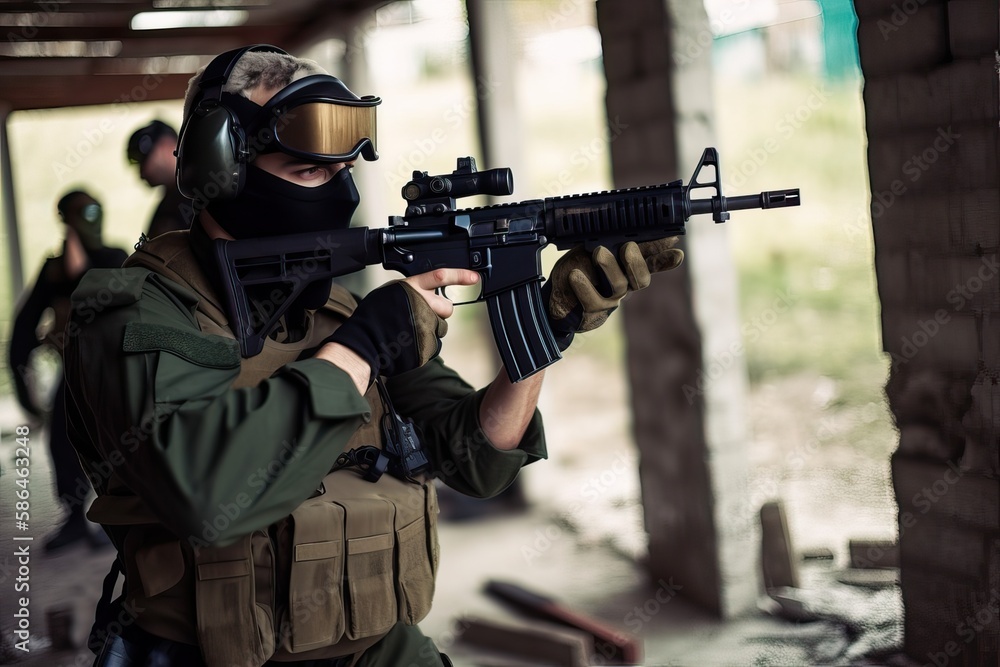 Airsoft: Strategy & Teamwork in Warfare & Business. Photo generative AI Airsoft: Strategy & Teamwork in Warfare & Business. Photo generative AI