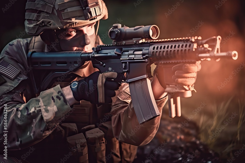 Soldier aiming, gun held, uniformed target. Photo generative AI