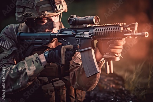 Soldier aiming, gun held, uniformed target. Photo generative AI
