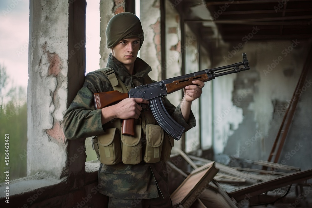 Fototapeta premium Soldier with AK47 in abandoned building. Photo generative AI