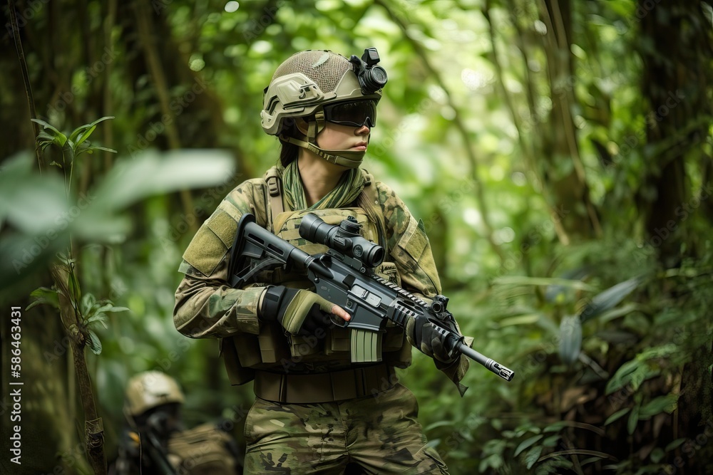 Tactical military airsoft in jungle. Photo generative AI