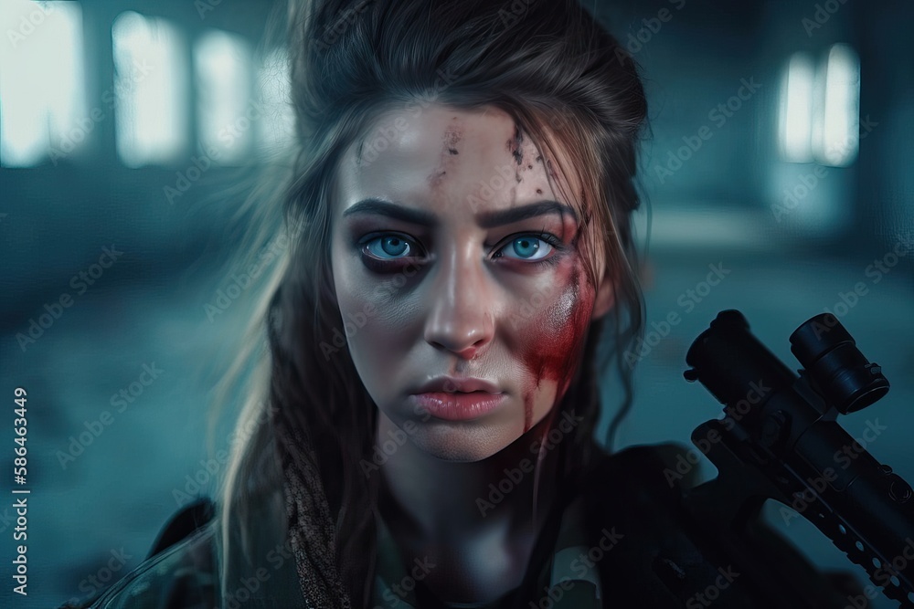Woman Soldier Lost in Thought, Gazing at Camera. Photo generative AI Woman Soldier Lost in Thought, Gazing at Camera. Photo generative AI