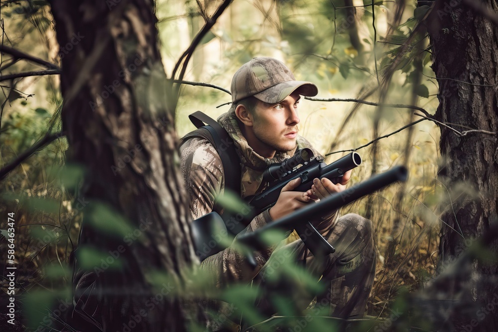 Man Hiding with Rifle Hunting Animals in Camo. Photo generative AI