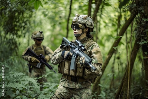 Tactical military airsoft in jungle. Photo generative AI photo