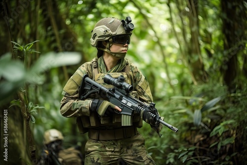 Tactical military airsoft in jungle. Photo generative AI