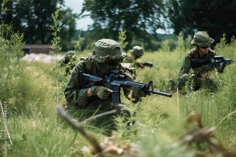 Airsoft: Soldiers Concealed in Grass for Tactical Gameplay. Photo generative AI