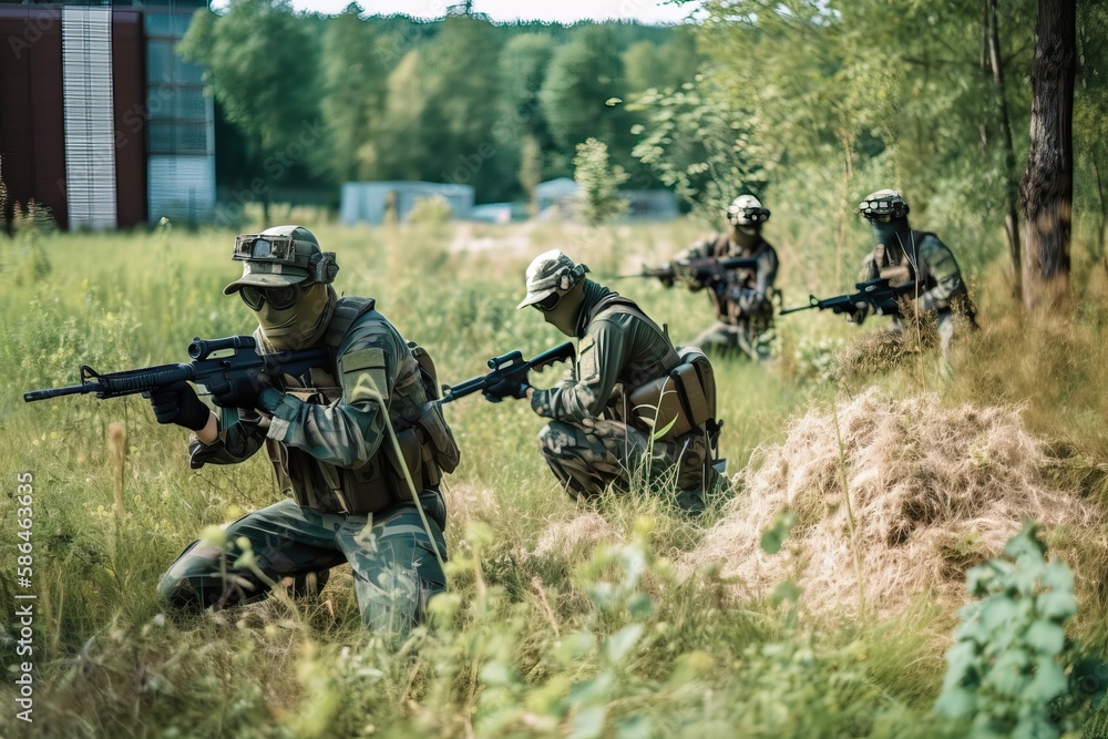 Airsoft: Soldiers Concealed in Grass for Tactical Gameplay. Photo generative AI Airsoft: Soldiers Concealed in Grass for Tactical Gameplay. Photo generative AI