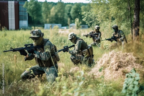 Airsoft  Soldiers Concealed in Grass for Tactical Gameplay. Photo generative AI