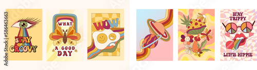 Groovy retro posters or cards set, 70s nostalgia and positive vibes, hippie stylised pictures with flower, rainbow, butterfly, eye and lettering, vector illustrations pack