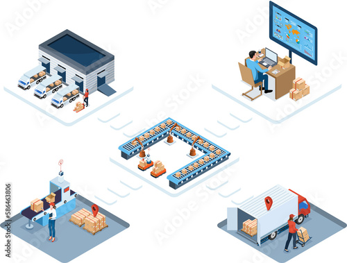 3D isometric automated warehouse robots and Smart warehouse technology Concept with Warehouse Automation System and Robot Transportation operation service. Transparent PNG illustration